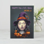 Gezicht in Hole Halloween Heks groeten uitnodiging (Staand voorkant)