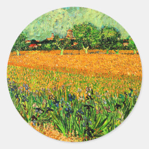 Gezicht op Arles met irissen op de voorgrond, Ronde Sticker