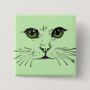 Gezicht op een kat Long Whiskers Bright Green Eyes Vierkante Button 5,1 Cm