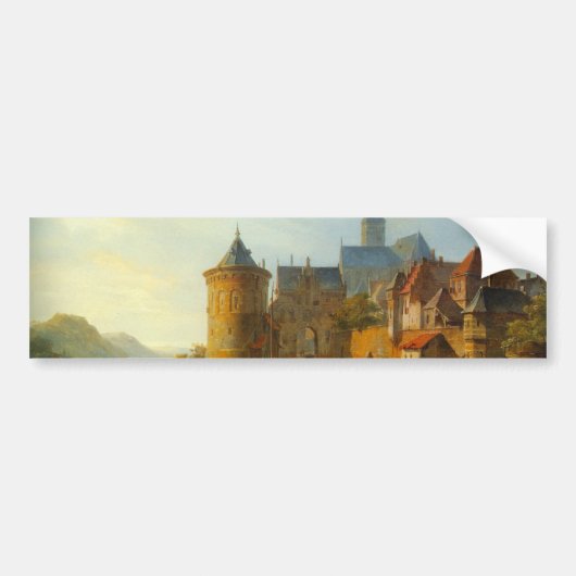 Gezicht op een Nederlandse stad langs de Rijn Bumpersticker (Voorkant)