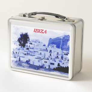 Gezicht op oud Ibiza op metalen lunchbox