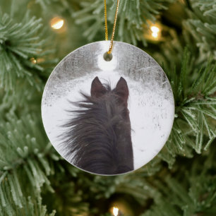 Gezicht op zwart paard vanaf slee op besneeuwde be keramisch ornament
