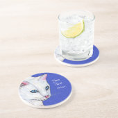 Gezicht van witte kat lichtblauwe ogen zandsteen onderzetter (Zijkant)