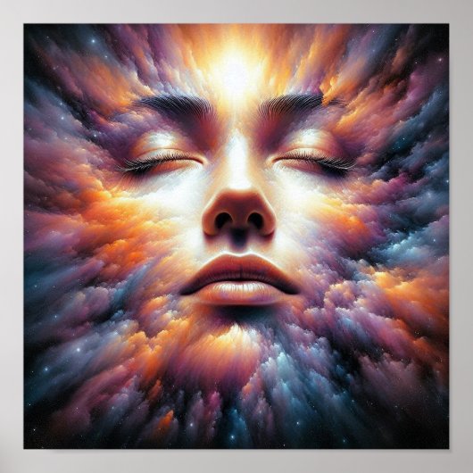 Gezicht vermengd met kleurrijke wolken poster (Voorkant)