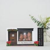 Gezichten geperst tegen glazen kerst feestdagenkaart (Staand voorkant)