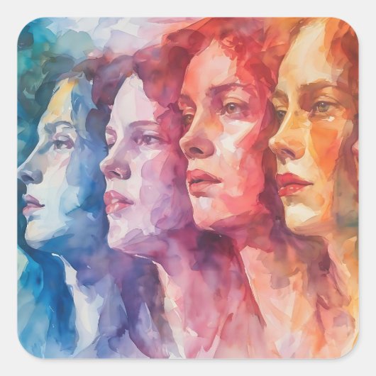 Gezichten van vrouwen - Waterverf schilderij Vierkante Sticker (Voorkant)