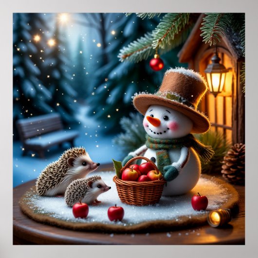 Gezichtige winterscène met sneeuwman, egels poster (Voorkant)