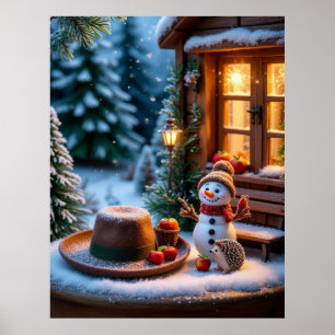 Gezichtige winterscène met sneeuwman, egels poster