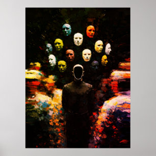 Gezichtloze figuur omringd door gemaskerde gezicht poster