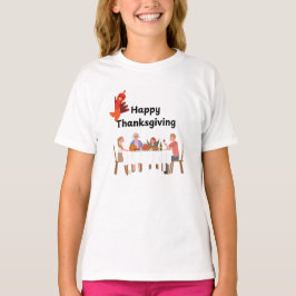 Gezin aan tafel met kalkoen t-shirt