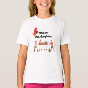 Gezin aan tafel met kalkoen t-shirt