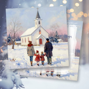 Gezin gaat op kerstdag naar de kerk feestdagenkaart