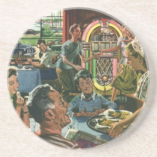  gezins diner in een diner met Jukebox Zandsteen Onderzetter (Voorkant)