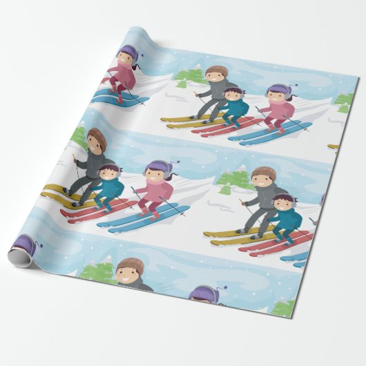 Gezins-skiën winters sneeuwsfeer cadeaupapier (Uitgerold)
