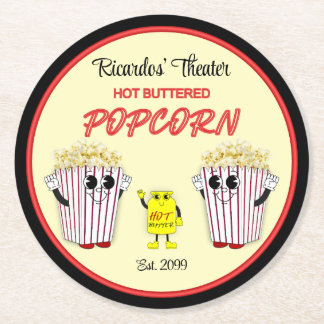 Gezinsbioscoop met warme boterpopcorn ronde kartonnen onderzetter