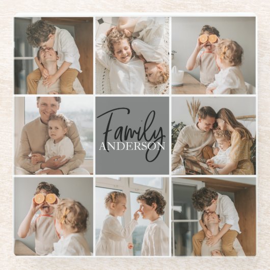 GezinsCollage Foto en persoonlijke grijscadeautjes Glazen Onderzetter (Voorkant)