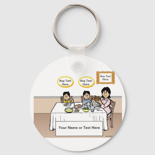 Gezinsdiner, eenmam, 2 jongens Cartoon Sleutelhanger (Voorkant)