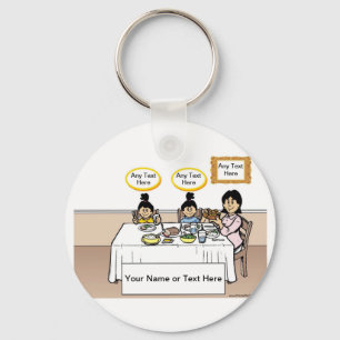 Gezinsdiner, eenmam, 2 meisjes Cartoon Sleutelhanger