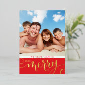 GEZINSFOTO KERSTMIS moderne kalligrafie vrolijk Folie Feestdagenkaart (Staand Voorkant)