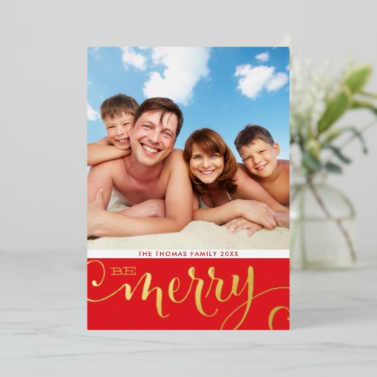 GEZINSFOTO KERSTMIS moderne kalligrafie vrolijk Folie Feestdagenkaart (Staand Voorkant)