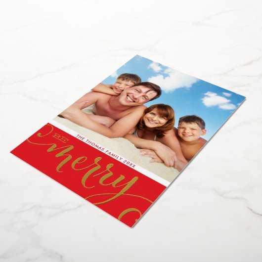 GEZINSFOTO KERSTMIS moderne kalligrafie vrolijk Folie Feestdagenkaart (Gedraaid)