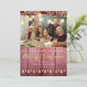 Gezinsfoto Merry Kerstmis Gold Roze Rustic Feestdagenkaart (Staand voorkant)