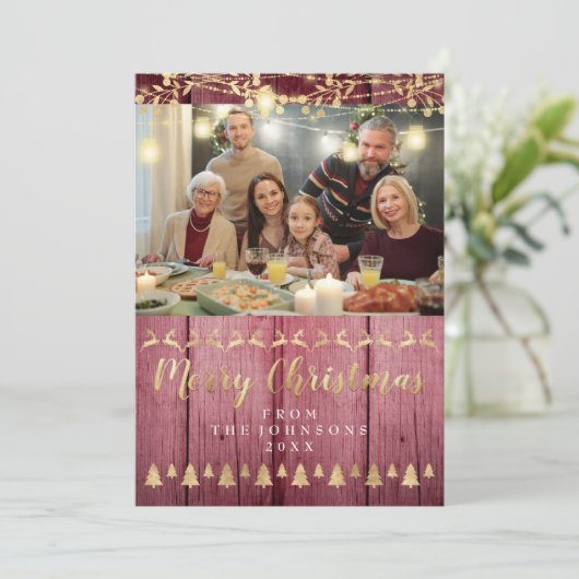 Gezinsfoto Merry Kerstmis Gold Roze Rustic Feestdagenkaart (Staand voorkant)