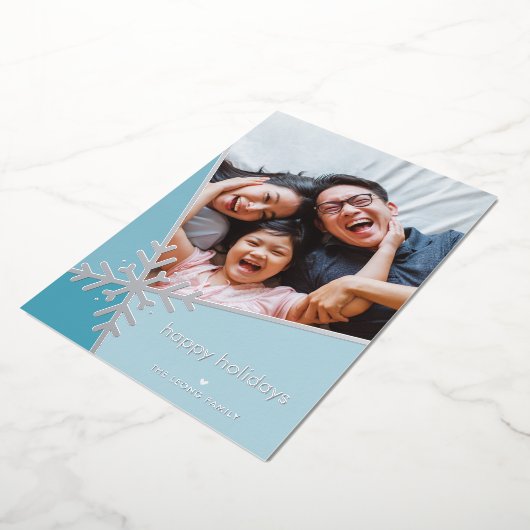 GEZINSFOTO moderne vakantie sneeuwvlok blauw Folie Feestdagenkaart (Gedraaid)