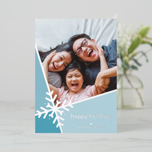 GEZINSFOTO moderne vakantie sneeuwvlok blauw Folie Feestdagenkaart (Staand Voorkant)