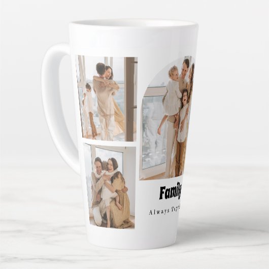 Gezinsfotocollage - 5 foto's en aangepaste tekst latte mok (Linkerhoek)
