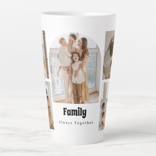 Gezinsfotocollage - 5 foto's en aangepaste tekst latte mok (Voorkant)