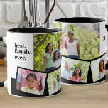 Gezinsfotocollage - 5 foto's en aangepaste tekst mok<br><div class="desc">Pas deze zwarte en witte koffie mok aan met uw favoriete foto's. Het fotomalplaatje is opstelling klaar voor u om tot 5 van uw eigen afbeeldingen toe te voegen. De hoofdfoto zal als achtergrond worden gebruikt en de resterende 4 foto's zullen in een fotostrip van de zigzag langs de bodem...</div>