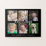 GezinsfotoCollage Blessenaars Legpuzzel<br><div class="desc">Deze foto-puzzel is een perfect oprecht geschenk voor elke familie. Het biedt 6 fotokaders voor afbeeldingen kinderen en familieleden aan. De achtergrond is zwart geaccentueerd met witte trendy handgeschreven stijlkalligrafie die leest: Met aangepaste tekst kunt u uw familienaam toevoegen.</div>