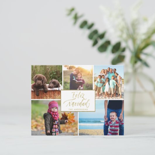 Gezinsfotocollage Feliz Navidad Kerstmis Feestdagenkaart (Staand voorkant)