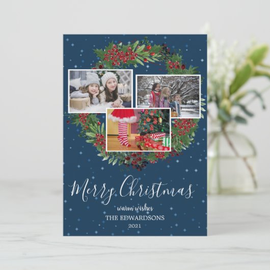 Gezinsfotocollage Merry kerst rustic Holida Feestdagenkaart (Staand voorkant)