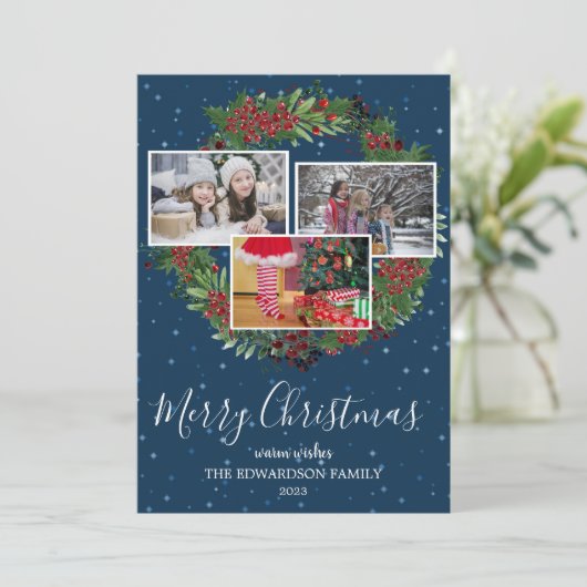 Gezinsfotocollage Merry kerstrustic Feestdagenkaart (Staand voorkant)