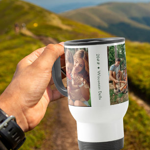 Gezinsfotocollage met 3 foto's en aangepaste tekst reisbeker