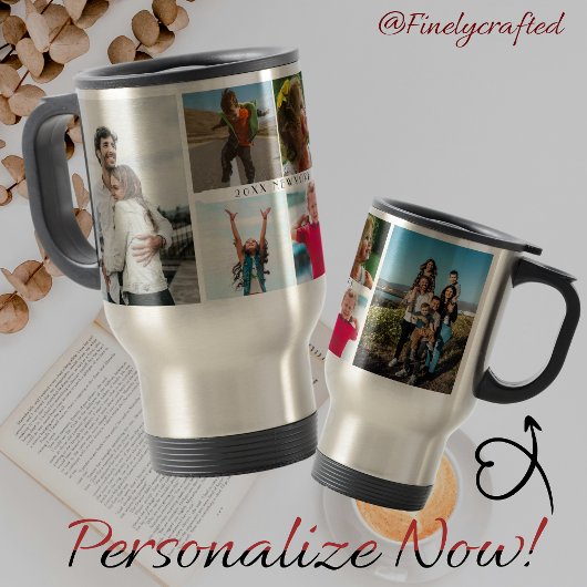 Gezinsfotocollage met 6 foto's en aangepaste tekst reisbeker