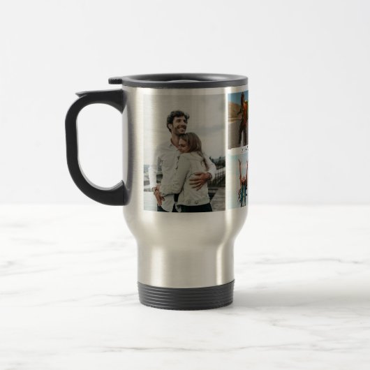 Gezinsfotocollage met 6 foto's en aangepaste tekst reisbeker (Links)