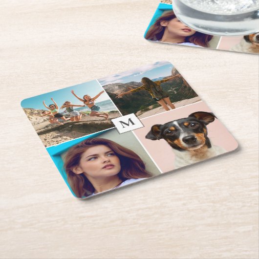 Gezinsfotocollage monogram kartonnen onderzetters (Schuin)