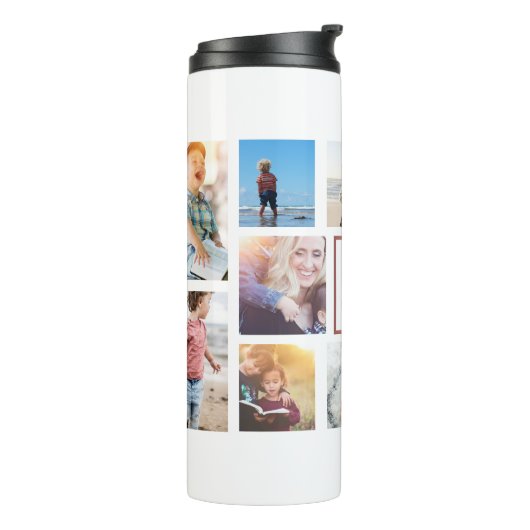 Gezinsfotocollage monogram thermosbeker (Gedraaid links)