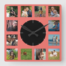 Gezinsfotocollage monogram vierkante klok