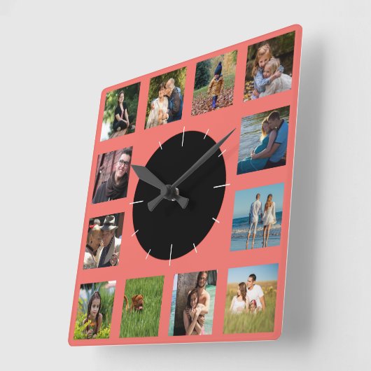 Gezinsfotocollage monogram vierkante klok (Hoek)