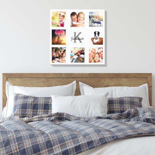 Gezinsfotocollage monogram wit canvas afdruk (Insitu (Slaapkamer))