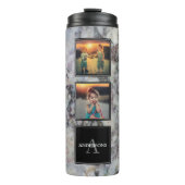 Gezinsfotocollage op grijs goudmarmer monogram thermosbeker (Voorkant)