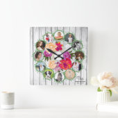 Gezinsfotocollage rond bloemen vierkante klok (Huis)