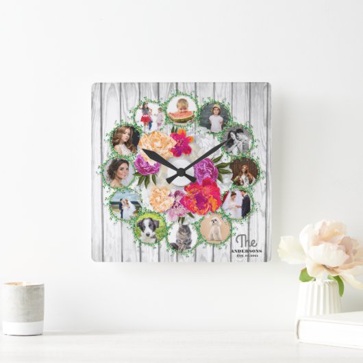 Gezinsfotocollage rond bloemen vierkante klok (Huis)