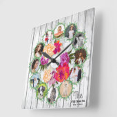 Gezinsfotocollage rond bloemen vierkante klok (Hoek)