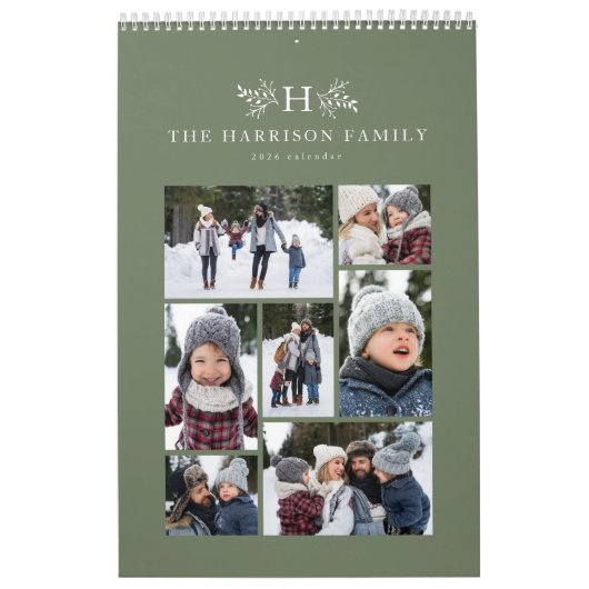 Gezinsfotocollage rustige monogram sage groen kalender (Hoes)
