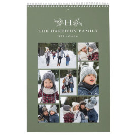 Gezinsfotocollage rustige monogram sage groen kalender